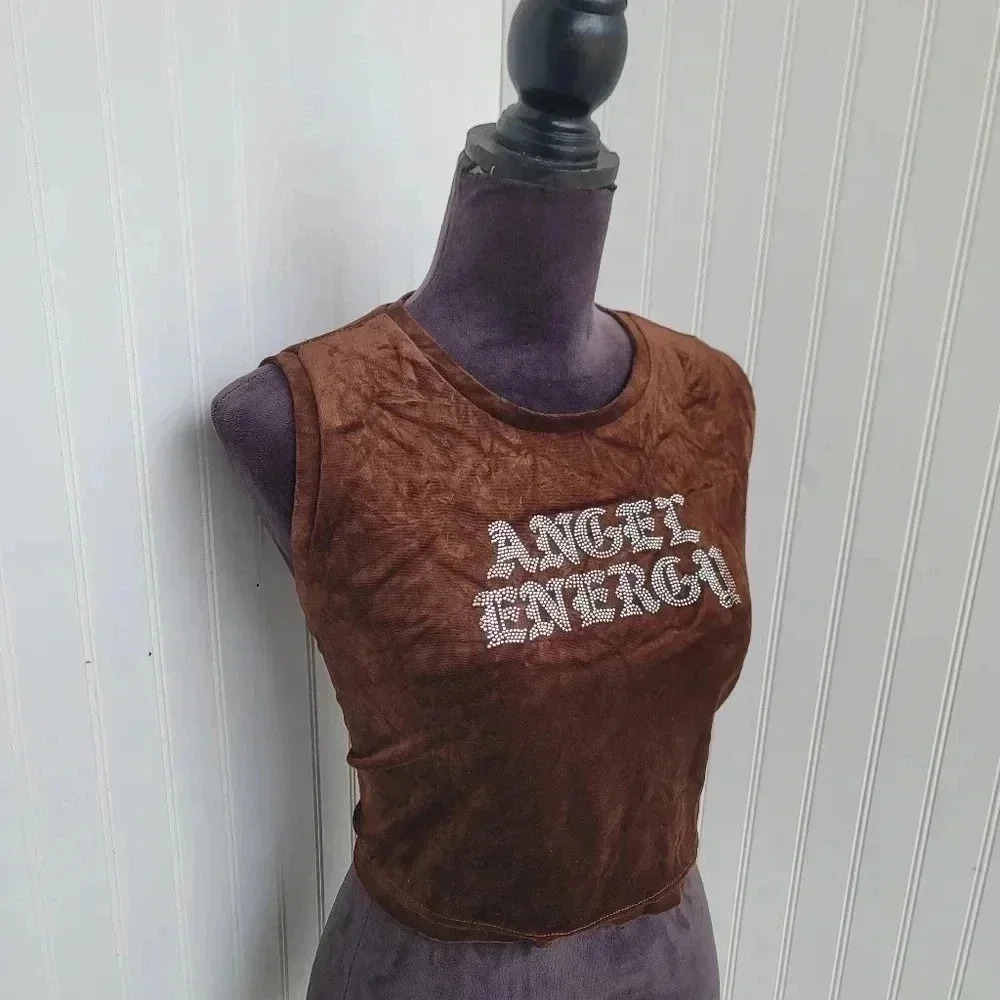 Btch & Stone Angel Energy Shirt Adult Brown Velvet Studded Graphic Women’s XL - Picture 3 of 7